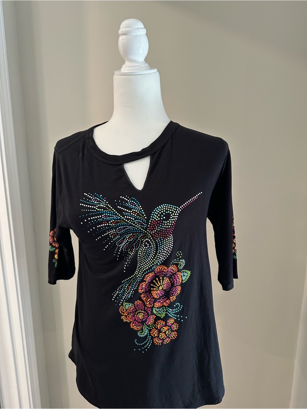Black Short-Sleeve Tee with Multicolor Rhinestone Hummingbird & Floral Accent